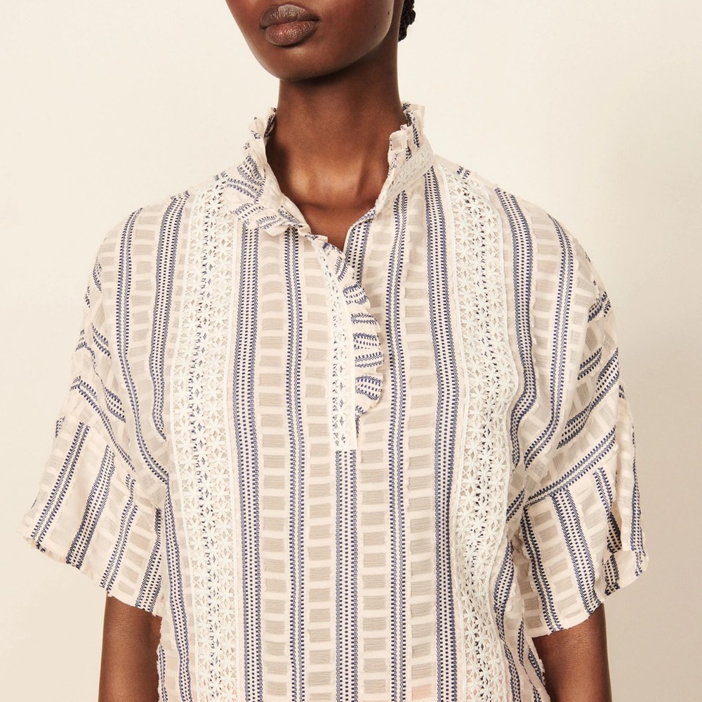 Sandro Blue and White Ruffled Blouse with Mandarin Collar